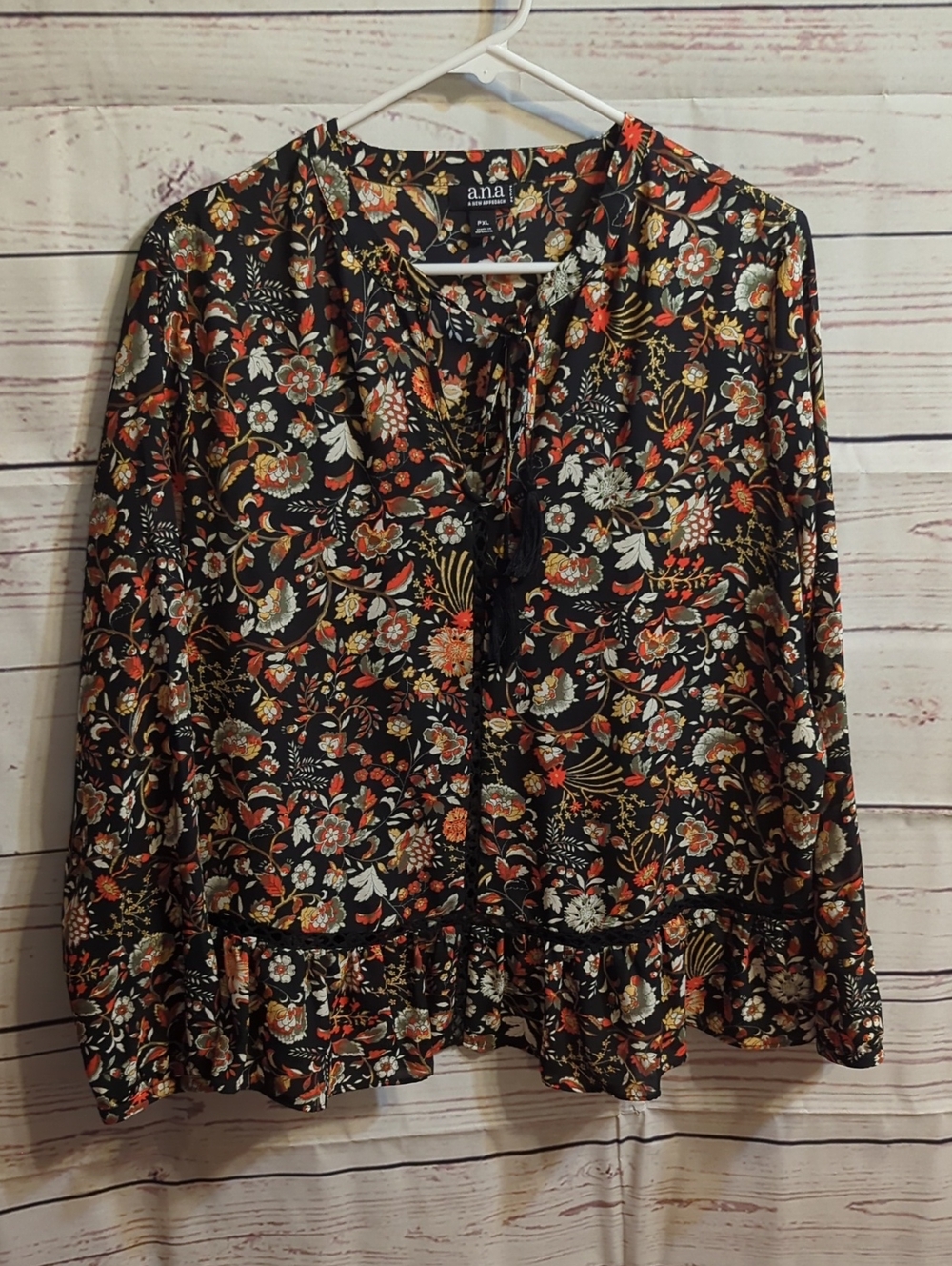 a.n.a Black Floral Tie-Front Ruffle Hem Blouse